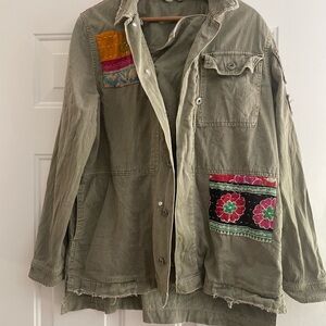 Army Green Free People Distressed jacket with Patchwork and beaded arm patch